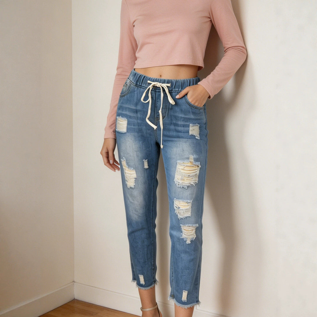 Damen nan lockere Destroyed-Denim Jogger mit elastischem Kordelbund und ausgefranstem Knöchelabschluss EB