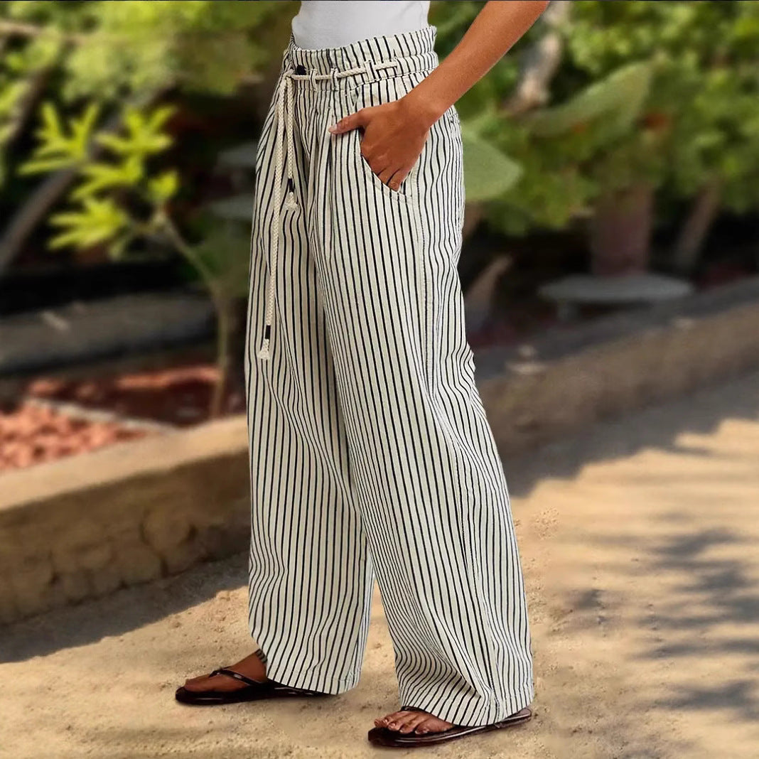 Damen lässige weite Hose im Streifenlook mit elastischem Bund und Bindegürtel EB