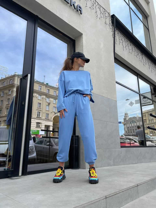 Damen lässiges Oversize-Lounge-Set mit weitem Crewneck-Sweater und elastischer Kordelbund-Jogginghose EB