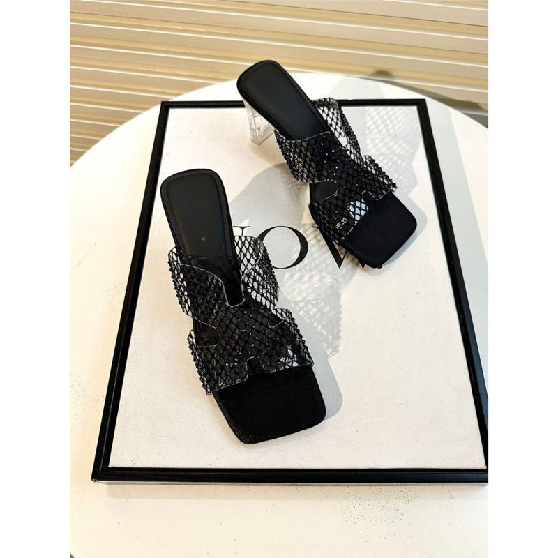 Damen transparente Mules mit schickem Netzdesign EB