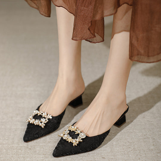 Damen elegante spitze Mules mit luxuriösem Schmuckdetail EB