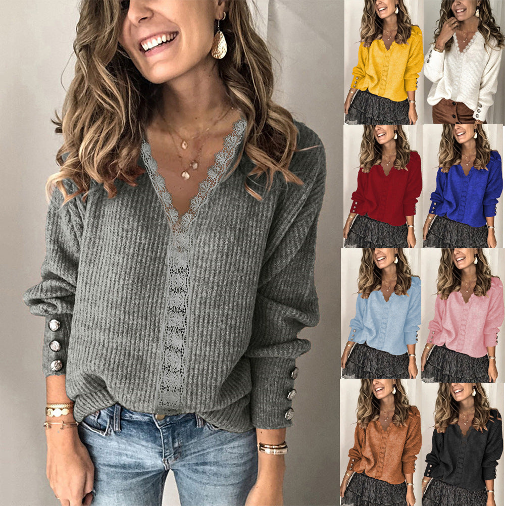 Damen Grobstrickpullover mit V-Ausschnitt und eleganten Knopfdetails EB