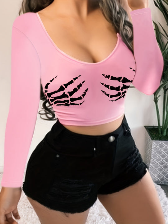 Damen Crop-Top mit Skelettdruck und langen Ärmeln EB