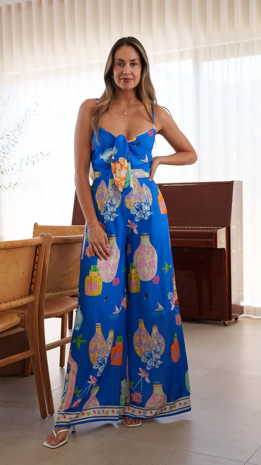 Damen langes Sommerkleid mit verspieltem Dekolleté und buntem Muster EB