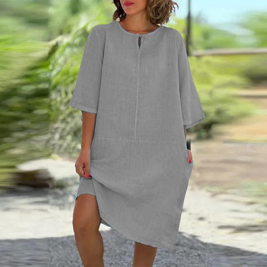 Damen luftig geschnittenes Kleid mit praktischen Taschen und elegantem Ausschnitt EB