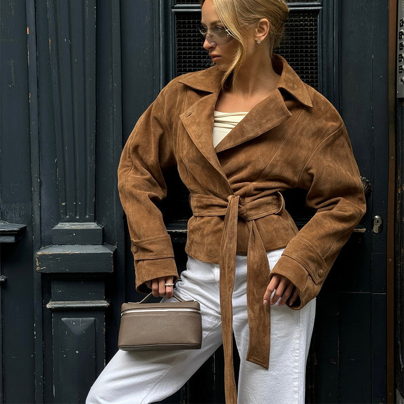 Damen Modische Wildleder-Trenchjacke mit schickem Gürtel EB