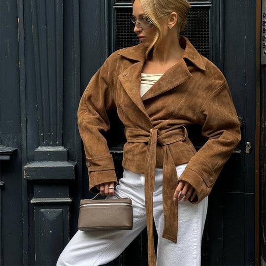 Damen Modische Wildleder-Trenchjacke mit schickem Gürtel EB