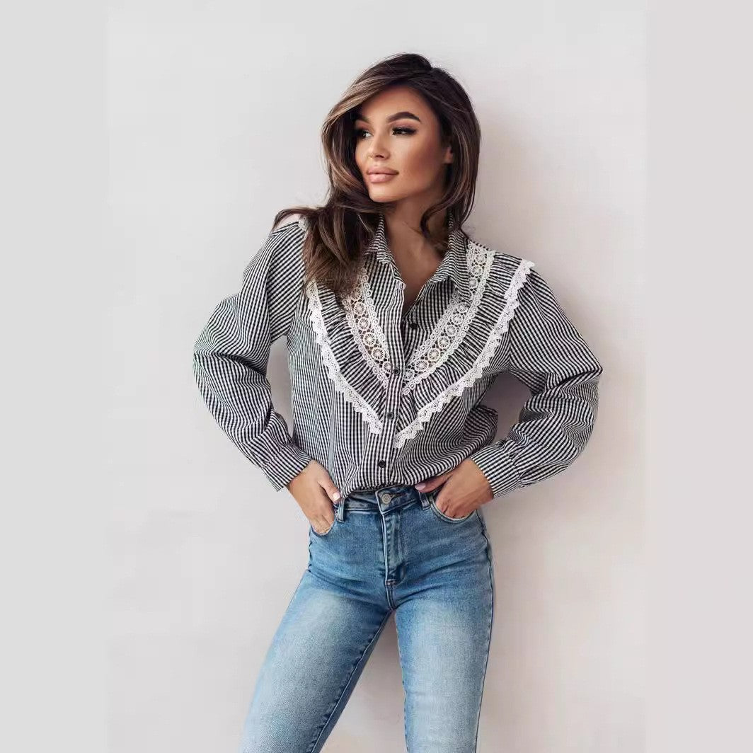 Damen Bluse mit raffinierten Spitzenakzenten und karierter Gestaltung EB