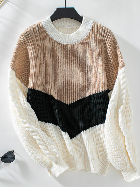 Damen Strickpullover mit modernen Farbblocklinien und Zopfmuster EB
