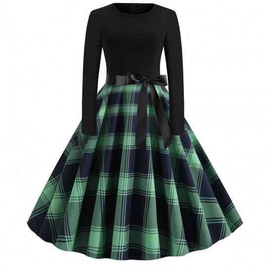 Damen Vintage Tellerrockkleid mit Karo-Tellerrock, figurbetontem Langarmoberteil und Satinschärpe EB
