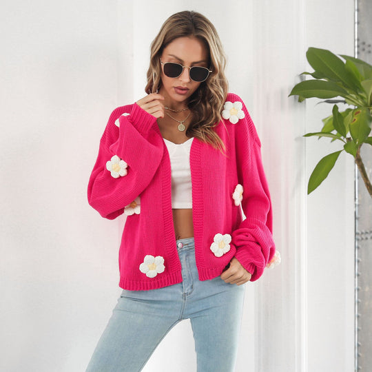 Damen Strickjacke mit floralen Applikationen und lässigem Schnitt EB