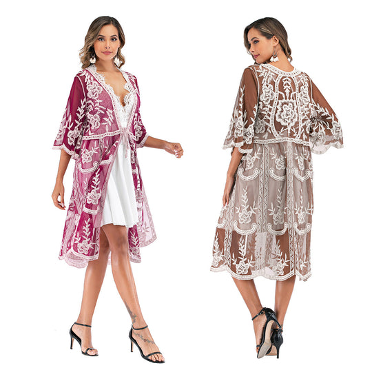 Damen elegante Häkel-Strandrobe mit voluminösen Ärmeln und floralem Design EB