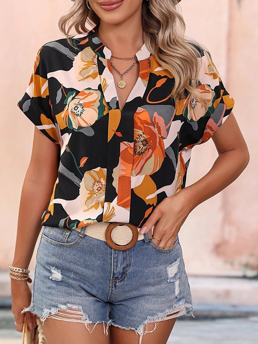 Damen Bluse mit floralen Mustern und stylischem Stehkragen EB