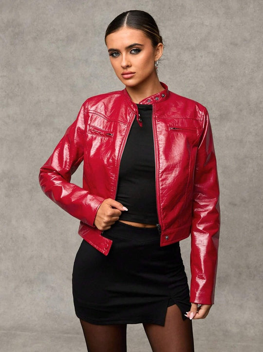 Damen Kurze Kunstlederjacke mit asymmetrischem Schnitt EB