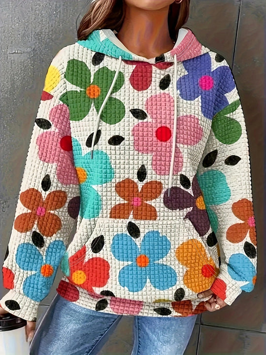 Damen lockerer Kapuzenpullover mit farbenfrohem Blumendesign EB