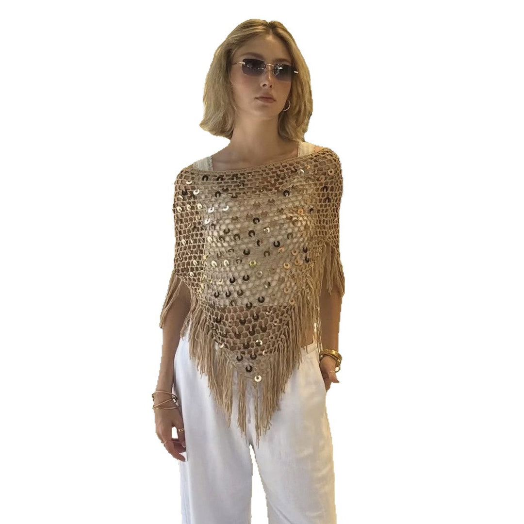 Damen dekorativer Spitzen-Poncho mit eleganten Pailletten und Fransen EB