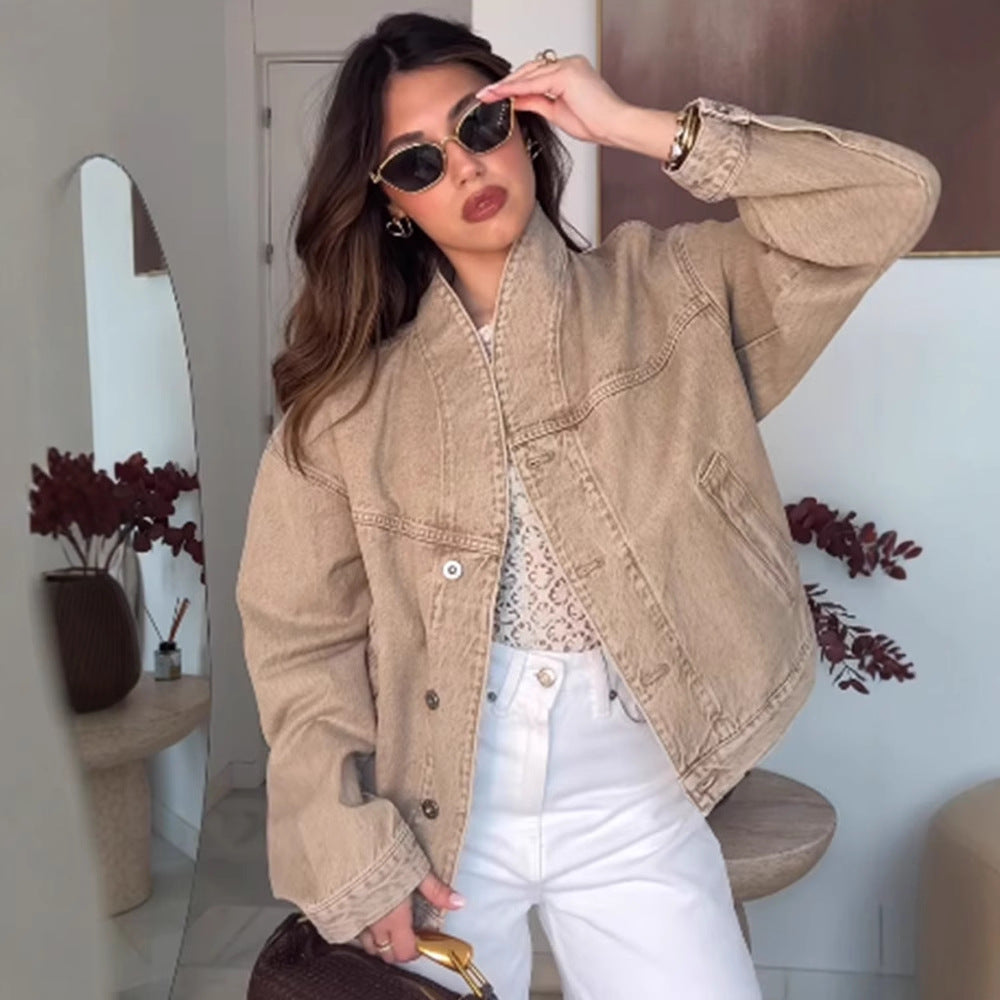 Damen modische Oversized Jeansjacke mit trendigem Stehkragen EB