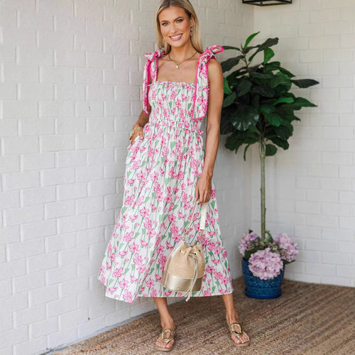 Damen Sommerkleid mit Raffung und schulterlangen Bindebändern EB