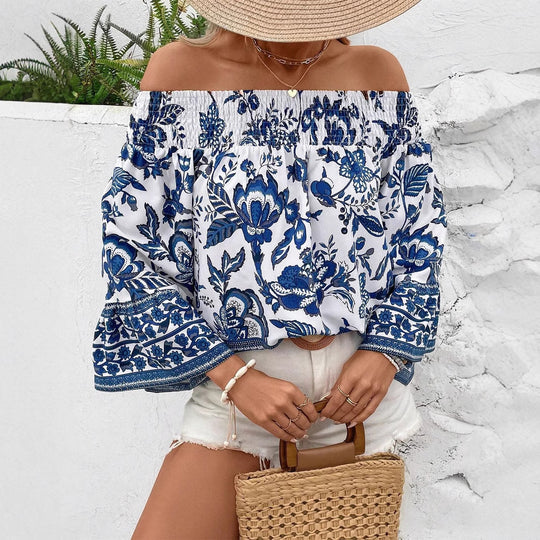 Damen Off-Shoulder Bluse mit floralem Muster und Rüschendetails EB