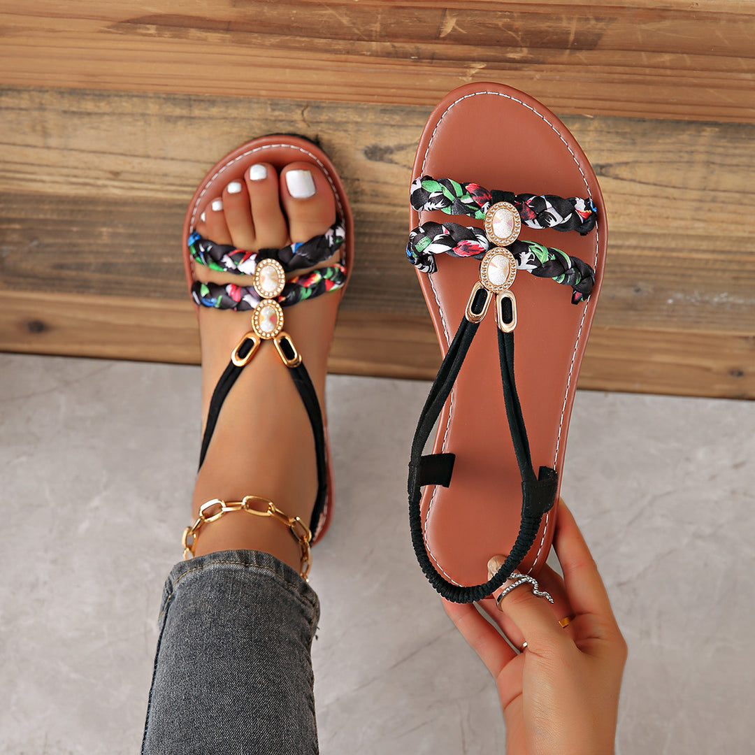 Damen modische Zehentrenner-Sandalen mit geflochtenem Riemendesign und glamourösen Details EB