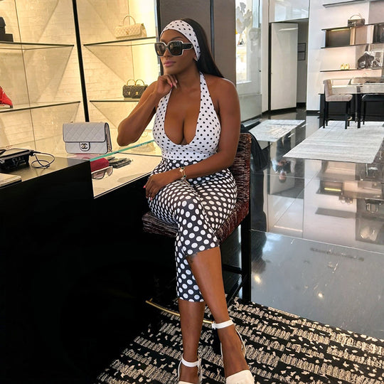 Damen Polka-Dot Jumpsuit mit tiefem V-Ausschnitt und elastischem Material EB