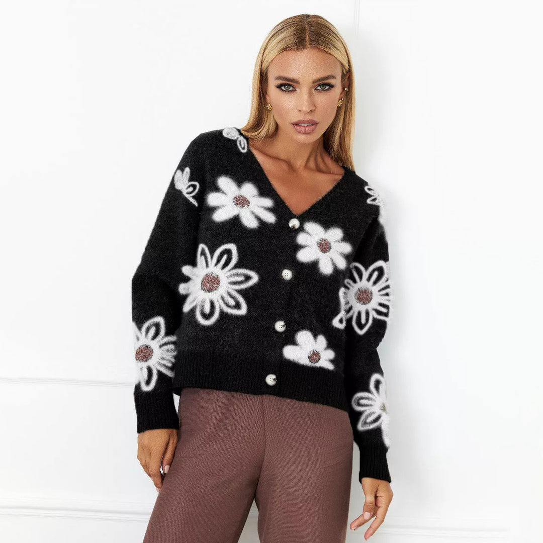 Damen Modische Strickjacke mit Blumenmuster EB
