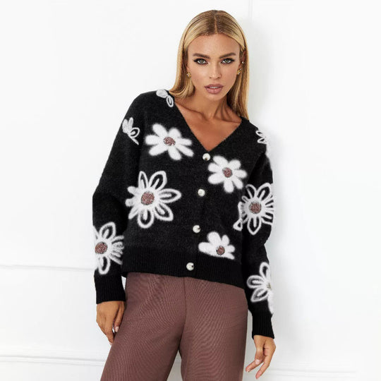 Damen Modische Strickjacke mit Blumenmuster EB