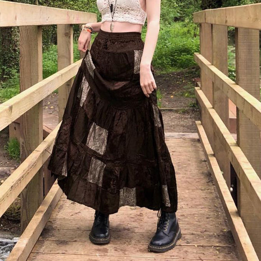 Damen Maxirock mit floralen Patchwork-Mustern und voluminösem Saum EB