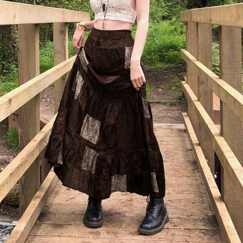 Damen Maxirock mit floralen Patchwork-Mustern und voluminösem Saum EB