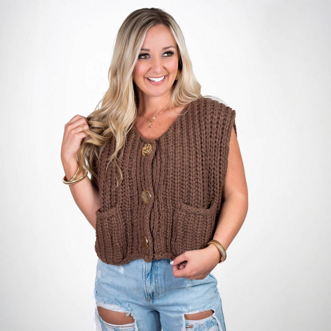 Damen Strickweste mit Taschen und dekorativen Knopfdetails EB