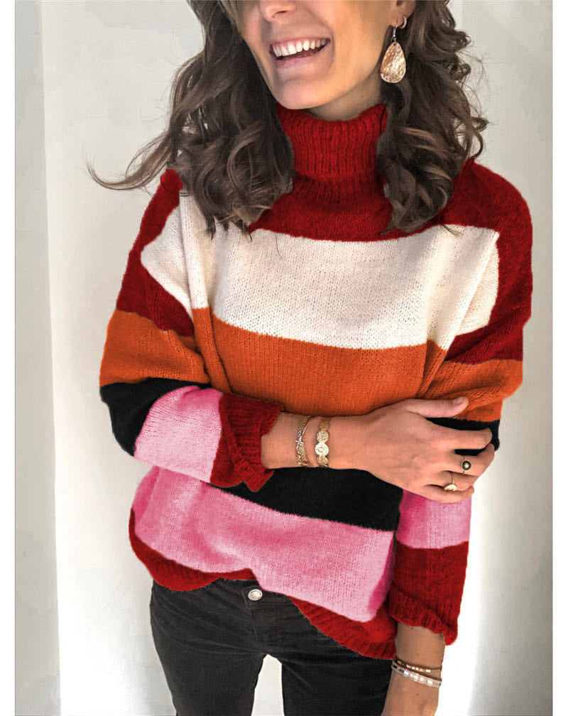 Damen modischer Strickpullover mit hohem Kragen und breitem Streifenmuster EB