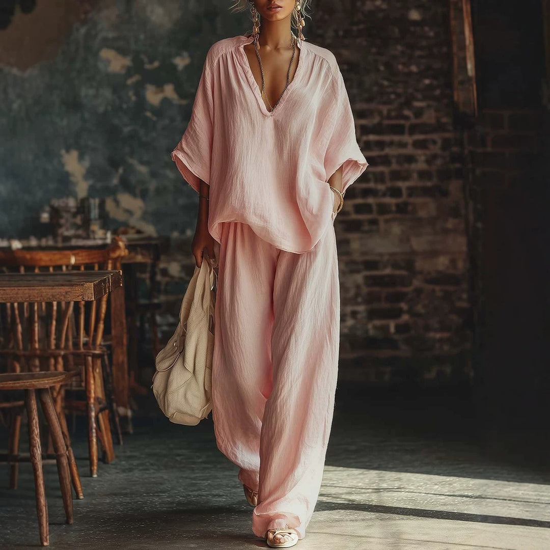 Damen nan lässiges zweiteiliges Leinenoptik-Set mit tiefem V-Ausschnitt, Oversize-Bluse und weitem Palazzo-Hosen EB