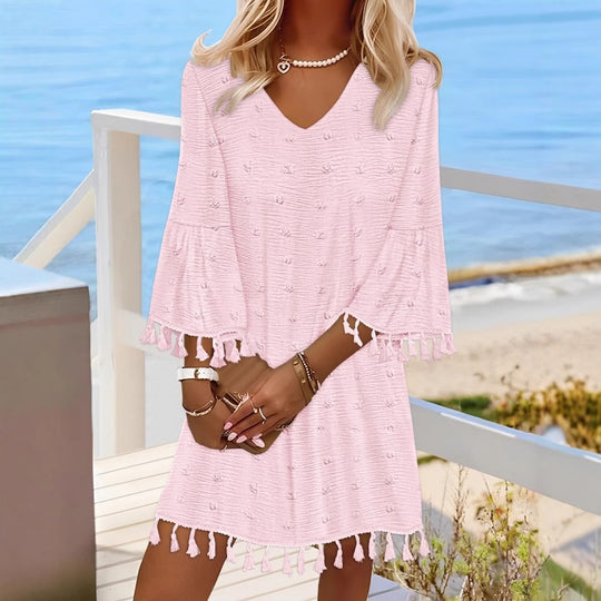 Damen Strandkleid mit elegantem V-Ausschnitt und dekorativen Fransen EB