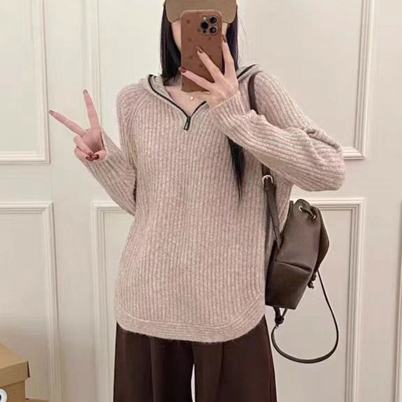Damen lässiger Strickpullover mit hochgezogenem Kragen und Reißverschluss EB