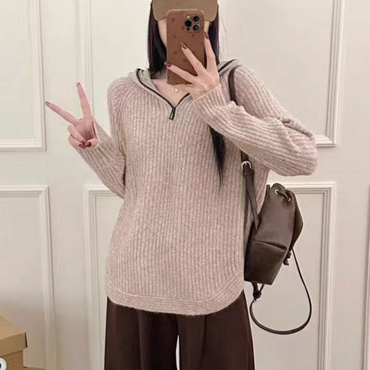 Damen lässiger Strickpullover mit hochgezogenem Kragen und Reißverschluss EB