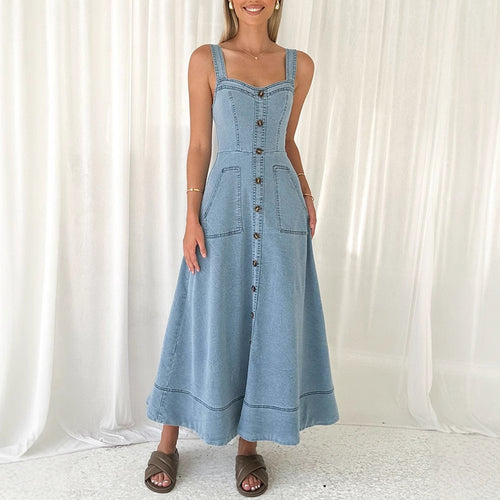 Damen Maxikleid mit Knopfdetails und praktischen Taschen EB