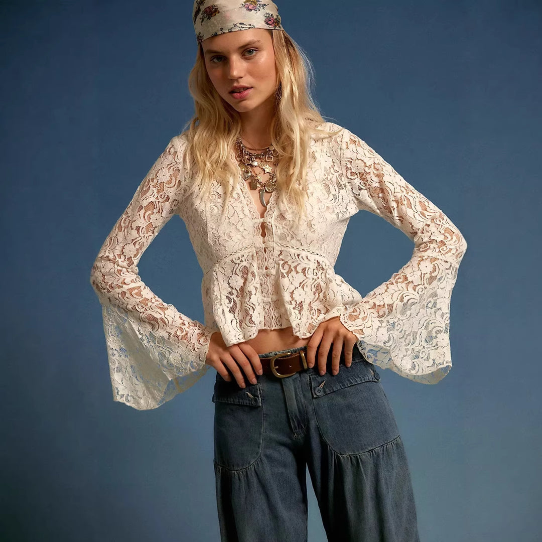 Damen Spitzenbluse im romantischen Design mit weitem Arm EB