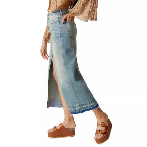 Damen Langer Denim-Rock mit Schlitz und moderner Waschung EB