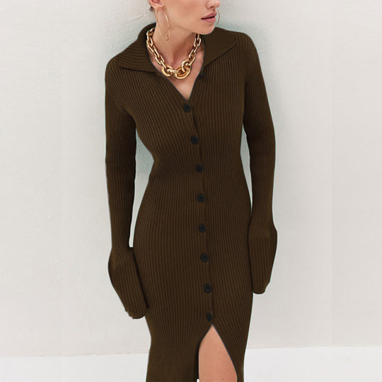 Damen Strickkleid mit modischem Knopfverschluss und elegantem Schlitz EB
