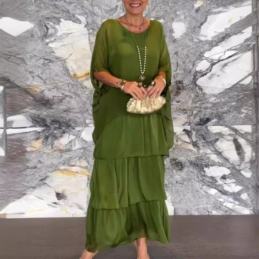 Damen Maxikleid mit fließendem Rock und eleganten Rüschendetails Heidi-Mode