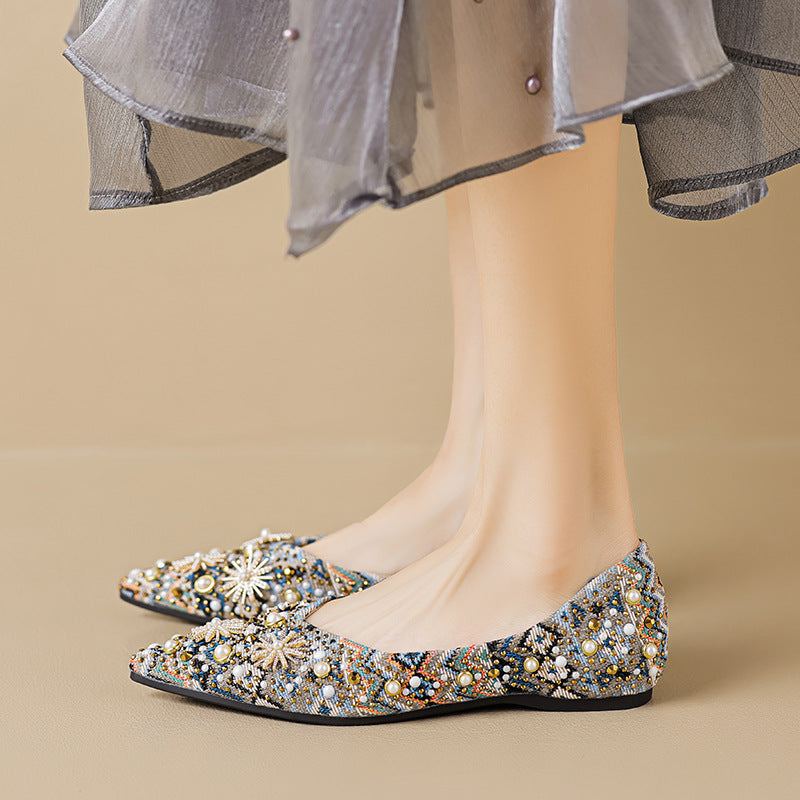 Damen Ballerinas mit funkelnden Perlenapplikationen und exquisiter Detailverarbeitung EB