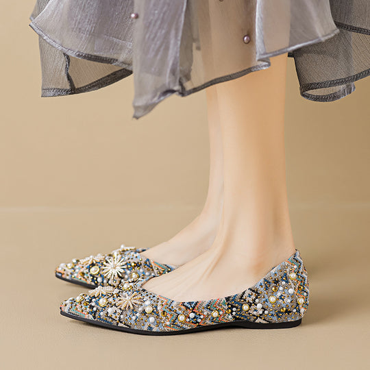 Damen Ballerinas mit funkelnden Perlenapplikationen und exquisiter Detailverarbeitung EB