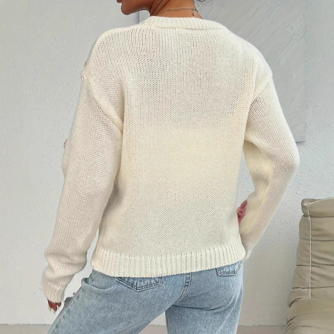 Damen Verspielter Strick-Cardigan mit handgehäkelten Blumenapplikationen EB