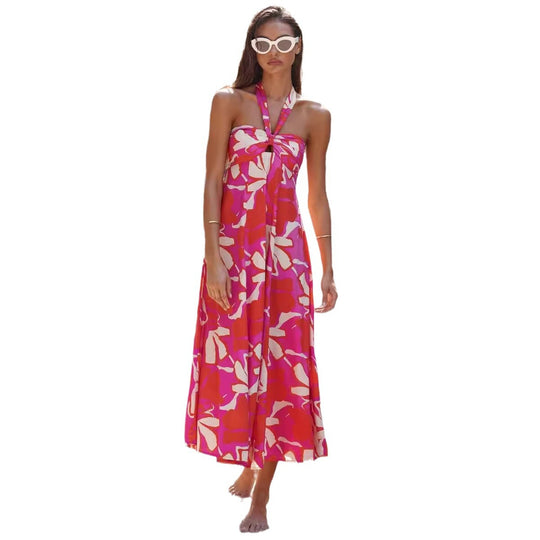 Damen Maxi Kleid mit raffiniertem Halterneck und trendigem Print EB