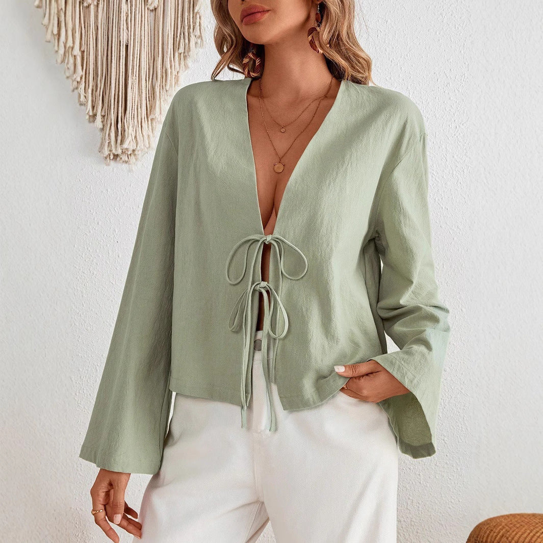 Damen lässige Shirtjacke mit tiefer V-Ausschnitt und Schleifenverschluss EB