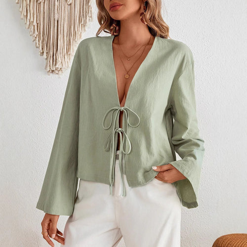 Damen lässige Shirtjacke mit tiefer V-Ausschnitt und Schleifenverschluss EB