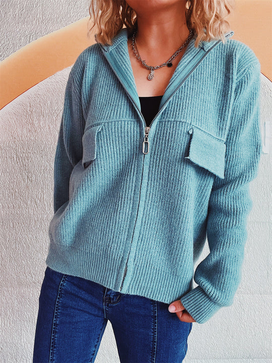 Damen lässige Strickjacke mit praktischen Taschen und hohem Kragen EB