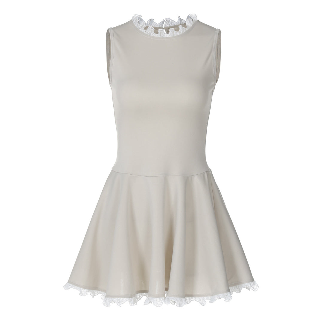 Damen Elegantes Plissiertes Mini-Kleid mit Spitzenrand EB