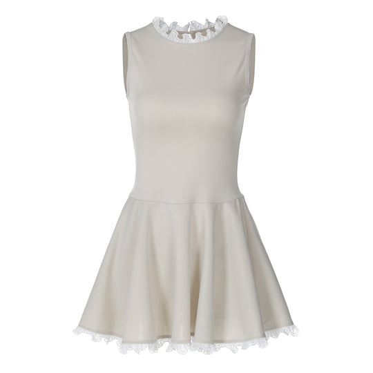 Damen Elegantes Plissiertes Mini-Kleid mit Spitzenrand EB