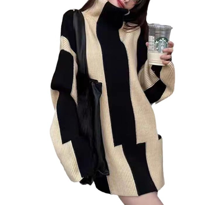 Damen Oversized Strickkleid mit hohem Kragen und grafischem Muster EB